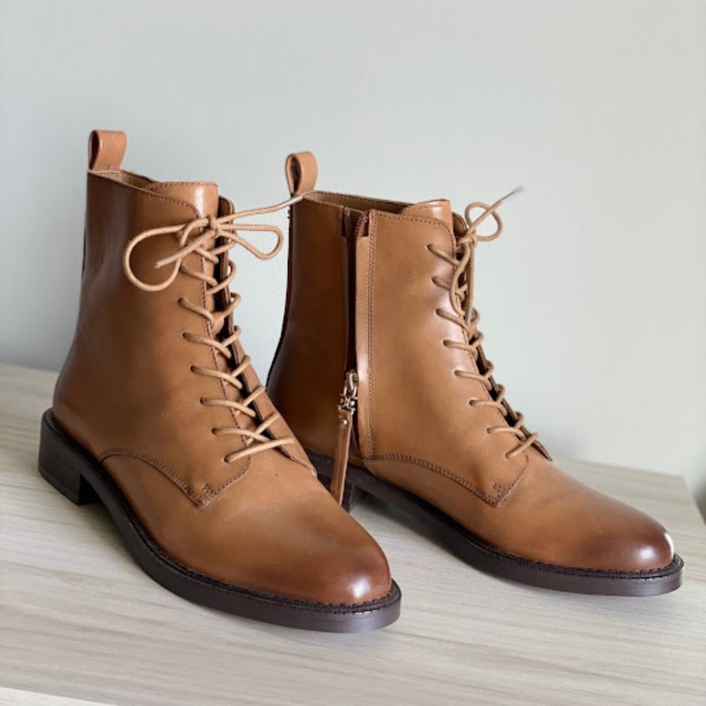 New Sam Edelman Nina Burnished-Leather Lace-up Combat Ankle Boots